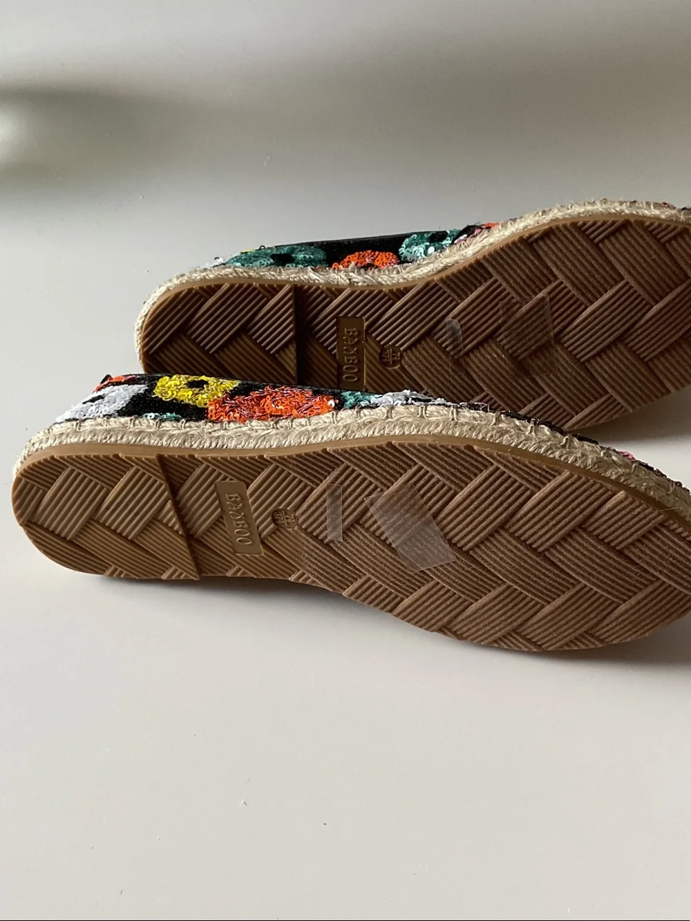 BAMBOO Black Espadrilles with Multicolor Sequin Flowers